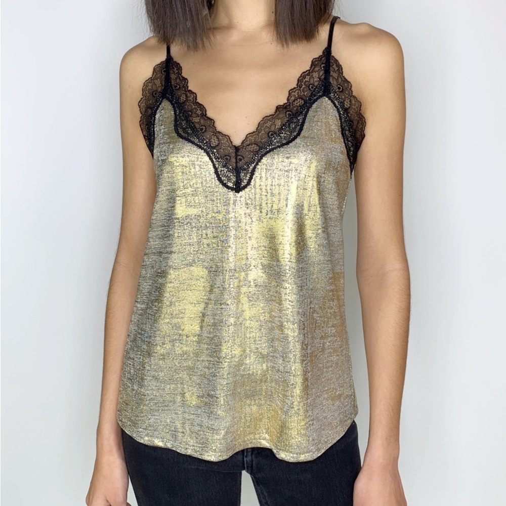 Sandro Metallic Gold Lace-Trim Camisole